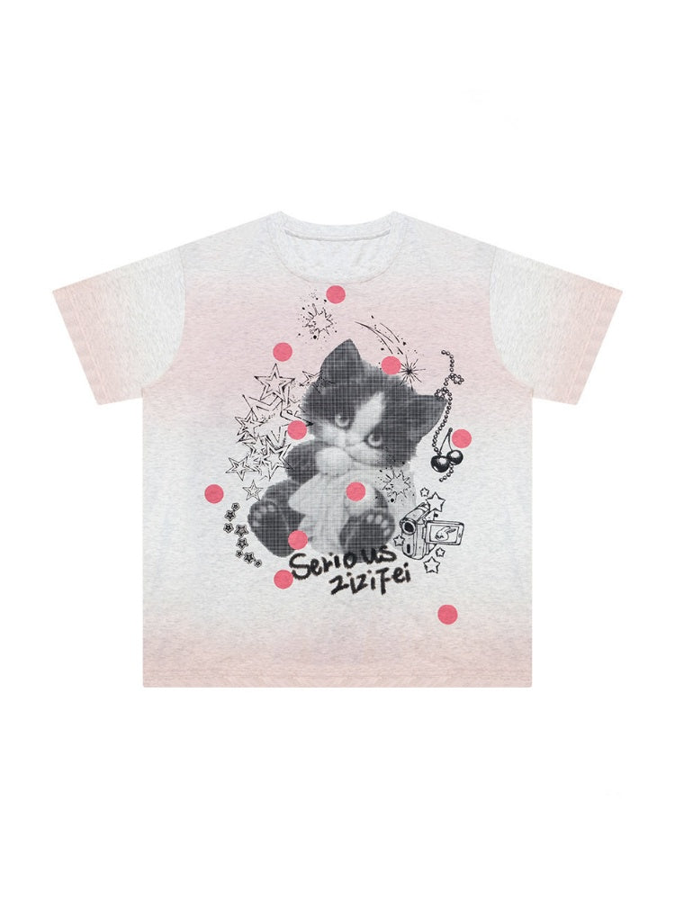 Pink Gradient Art Graffiti Cat Print Crew Neck Slimming Short Sleeve T-Shirt【s0000017584】