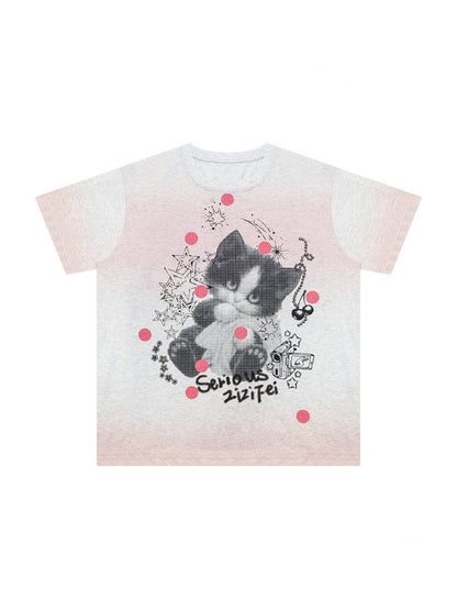 Pink Gradient Art Graffiti Cat Print Crew Neck Slimming Short Sleeve T-Shirt【s0000017584】