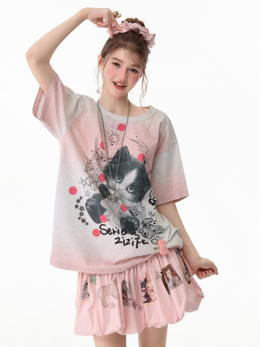 Pink Gradient Art Graffiti Cat Print Crew Neck Slimming Short Sleeve T-Shirt【s0000017584】