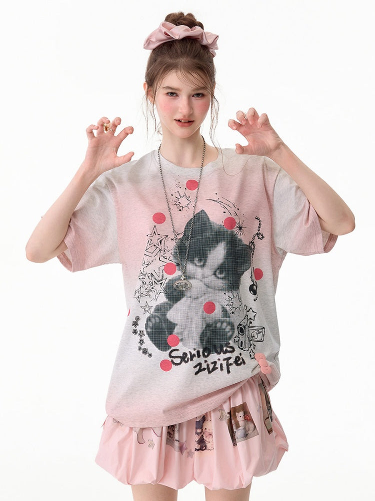 Pink Gradient Art Graffiti Cat Print Crew Neck Slimming Short Sleeve T-Shirt【s0000017584】
