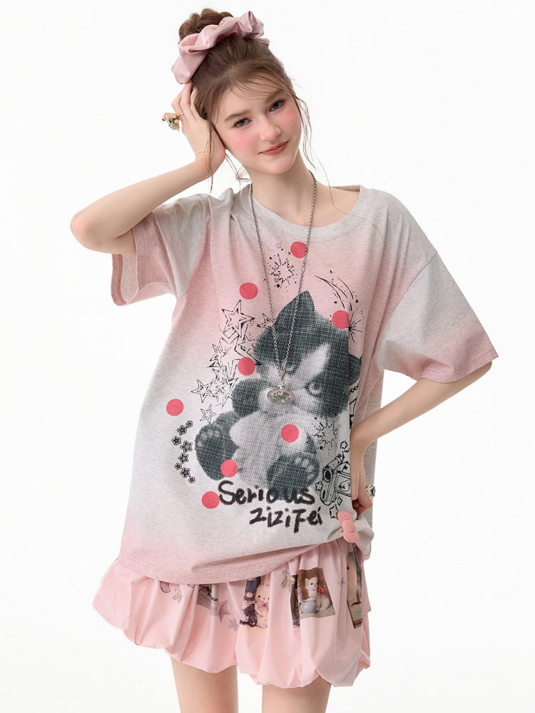 Pink Gradient Art Graffiti Cat Print Crew Neck Slimming Short Sleeve T-Shirt【s0000017584】