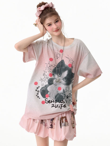 Pink Gradient Art Graffiti Cat Print Crew Neck Slimming Short Sleeve T-Shirt【s0000017584】