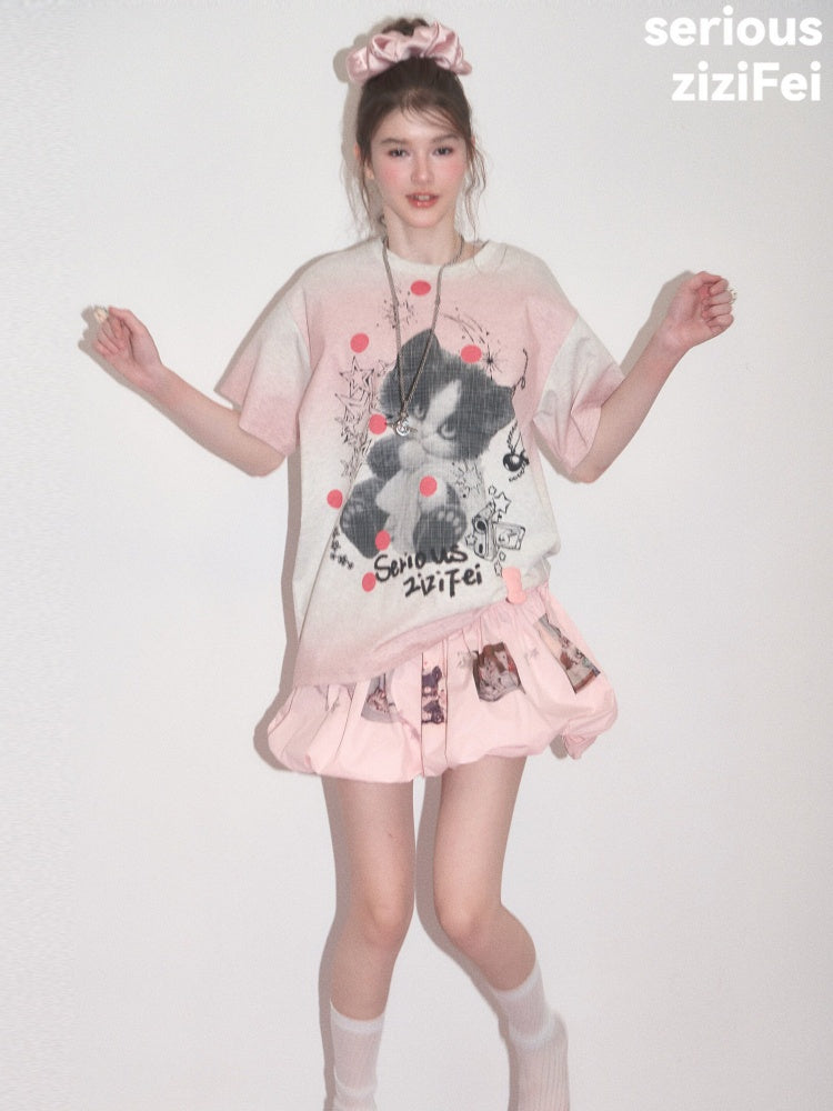 Pink Gradient Art Graffiti Cat Print Crew Neck Slimming Short Sleeve T-Shirt【s0000017584】