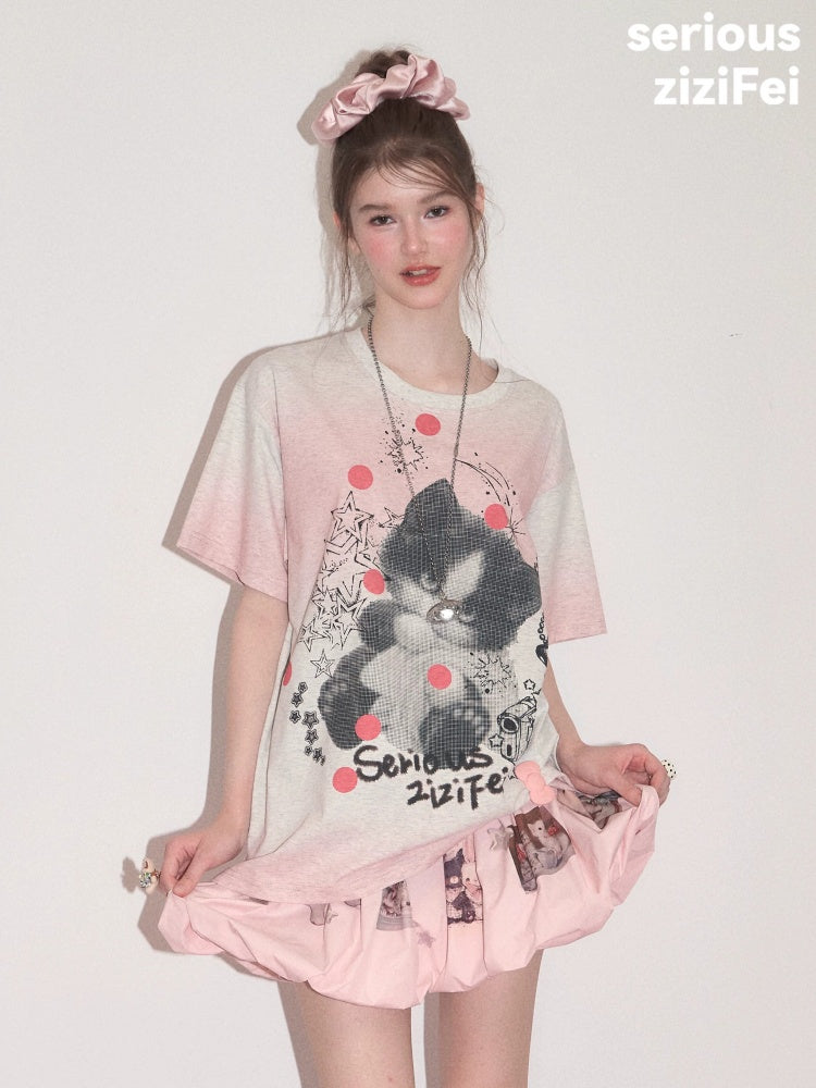 Pink Gradient Art Graffiti Cat Print Crew Neck Slimming Short Sleeve T-Shirt【s0000017584】