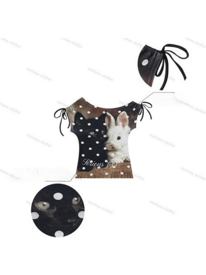 Polka Dot Cat & Rabbit Print Tie Off-Shoulder Slim Short Sleeve T-Shirt 【s0000017585】