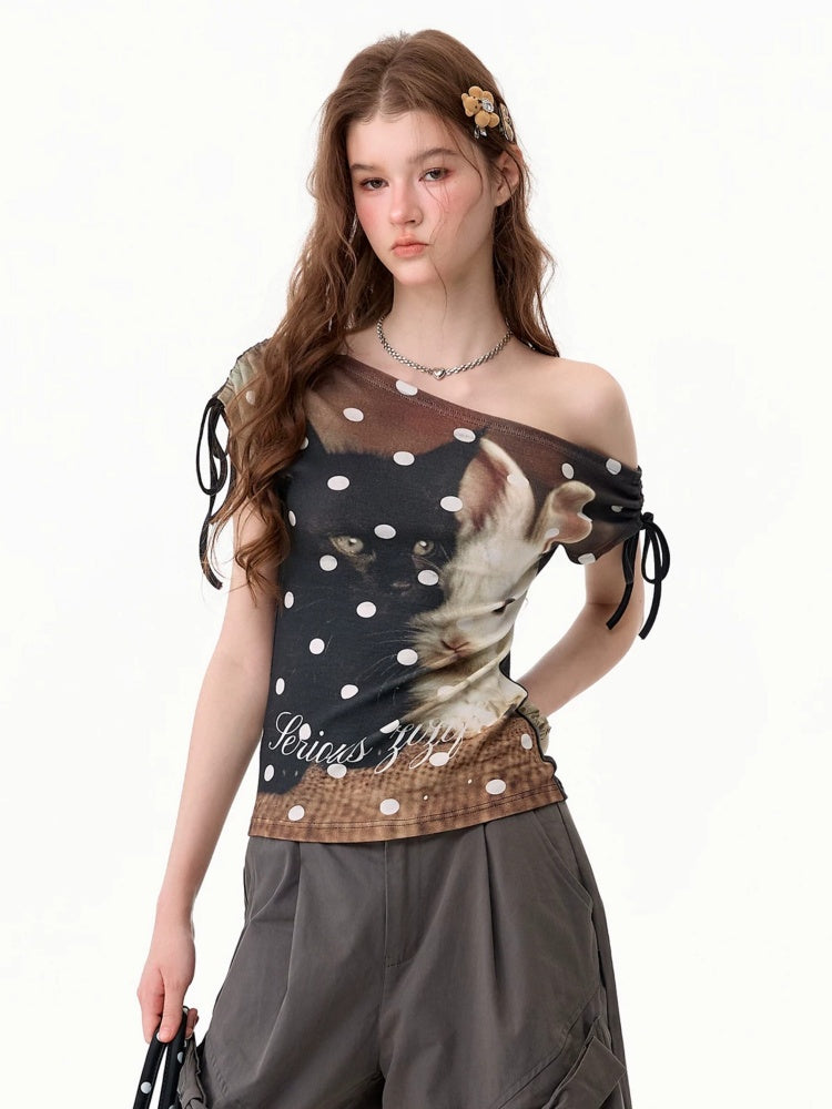 Polka Dot Cat & Rabbit Print Tie Off-Shoulder Slim Short Sleeve T-Shirt 【s0000017585】