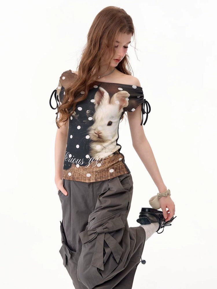 Polka Dot Cat & Rabbit Print Tie Off-Shoulder Slim Short Sleeve T-Shirt 【s0000017585】