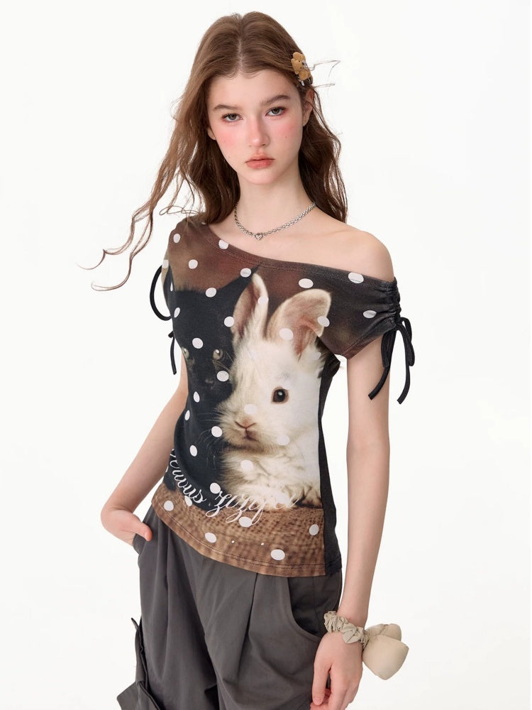 Polka Dot Cat & Rabbit Print Tie Off-Shoulder Slim Short Sleeve T-Shirt 【s0000017585】