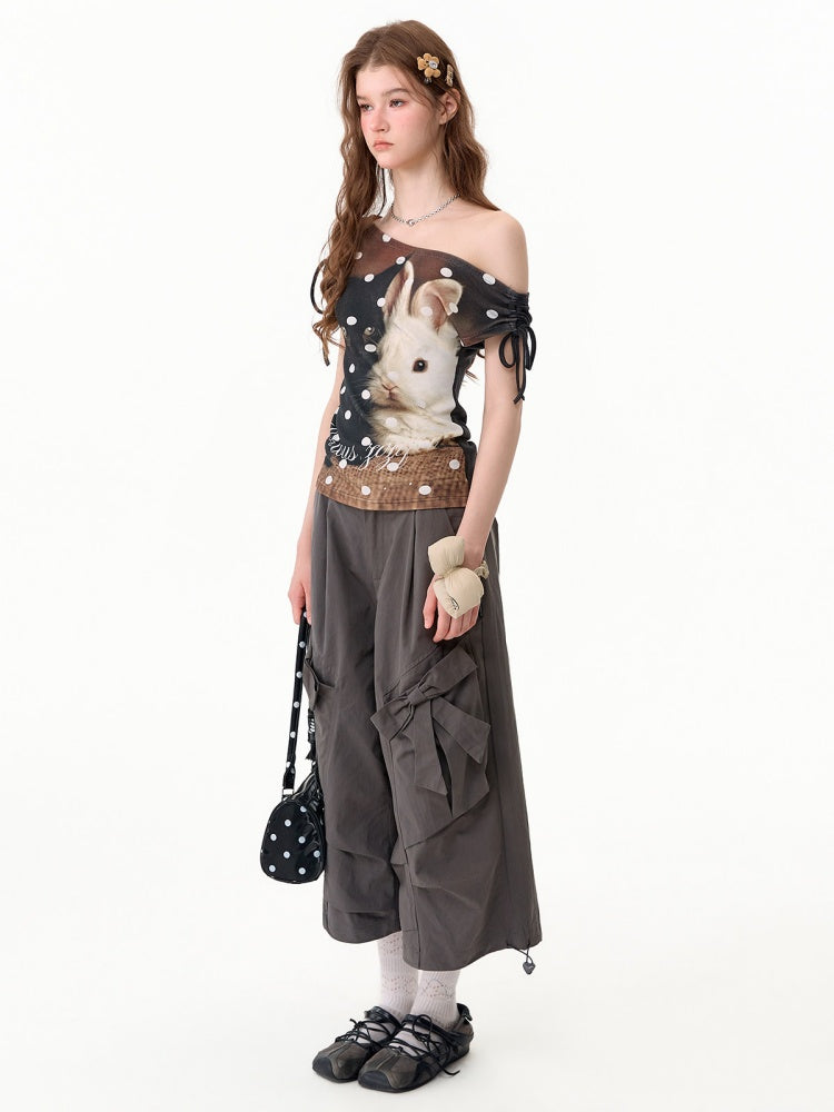 Polka Dot Cat & Rabbit Print Tie Off-Shoulder Slim Short Sleeve T-Shirt 【s0000017585】