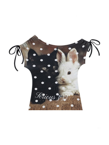 Polka Dot Cat & Rabbit Print Tie Off-Shoulder Slim Short Sleeve T-Shirt 【s0000017585】