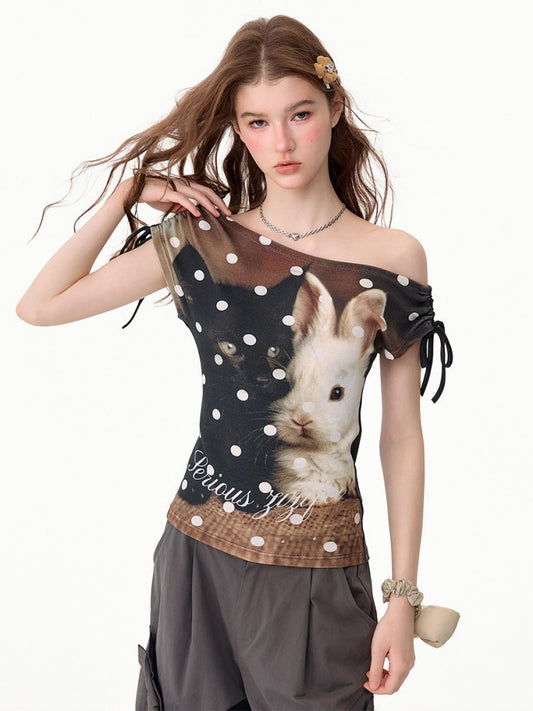 Polka Dot Cat & Rabbit Print Tie Off-Shoulder Slim Short Sleeve T-Shirt 【s0000017585】