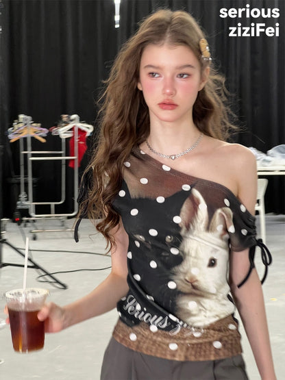 Polka Dot Cat & Rabbit Print Tie Off-Shoulder Slim Short Sleeve T-Shirt 【s0000017585】