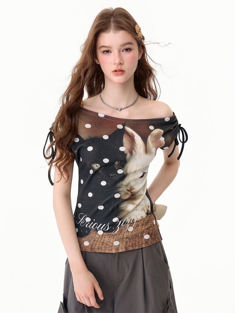 Polka Dot Cat & Rabbit Print Tie Off-Shoulder Slim Short Sleeve T-Shirt 【s0000017585】