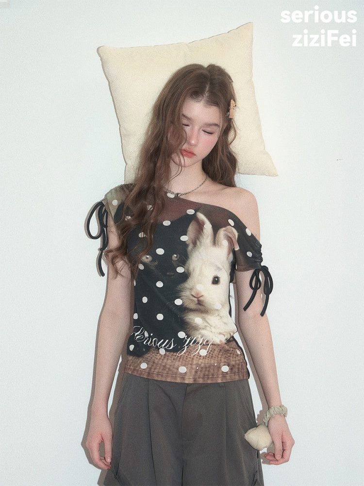 Polka Dot Cat & Rabbit Print Tie Off-Shoulder Slim Short Sleeve T-Shirt 【s0000017585】