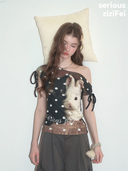Polka Dot Cat & Rabbit Print Tie Off-Shoulder Slim Short Sleeve T-Shirt 【s0000017585】