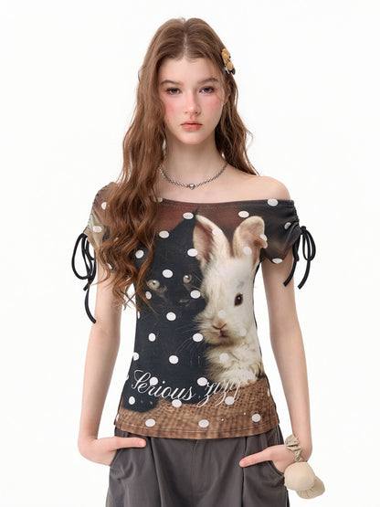 Polka Dot Cat & Rabbit Print Tie Off-Shoulder Slim Short Sleeve T-Shirt 【s0000017585】