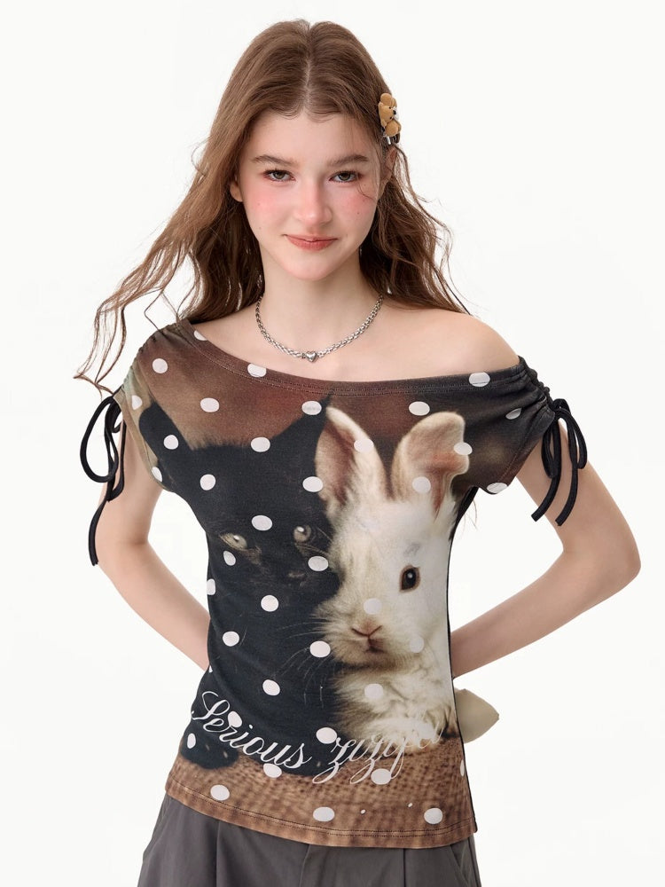 Polka Dot Cat & Rabbit Print Tie Off-Shoulder Slim Short Sleeve T-Shirt 【s0000017585】