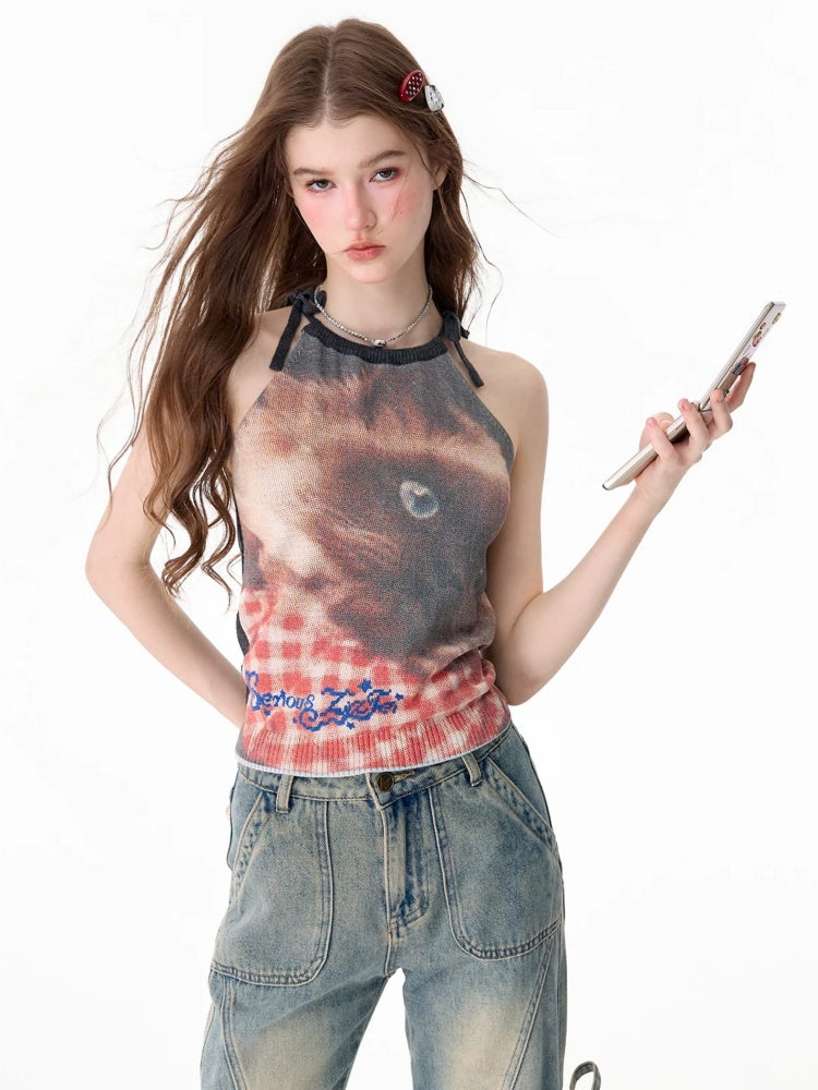 Lazy Style Cat Print Tie-Up Short Slim Halter-Neck Vest【s0000017586】