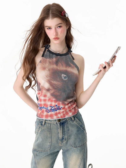 Lazy Style Cat Print Tie-Up Short Slim Halter-Neck Vest【s0000017586】