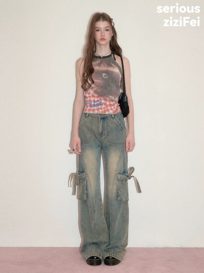 Lazy Style Cat Print Tie-Up Short Slim Halter-Neck Vest【s0000017586】