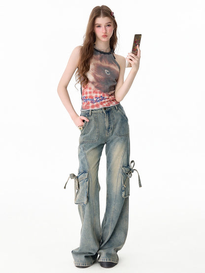 Lazy Style Cat Print Tie-Up Short Slim Halter-Neck Vest【s0000017586】