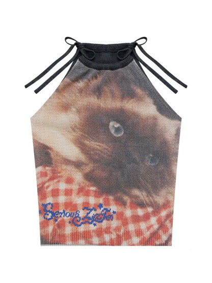 Lazy Style Cat Print Tie-Up Short Slim Halter-Neck Vest【s0000017586】