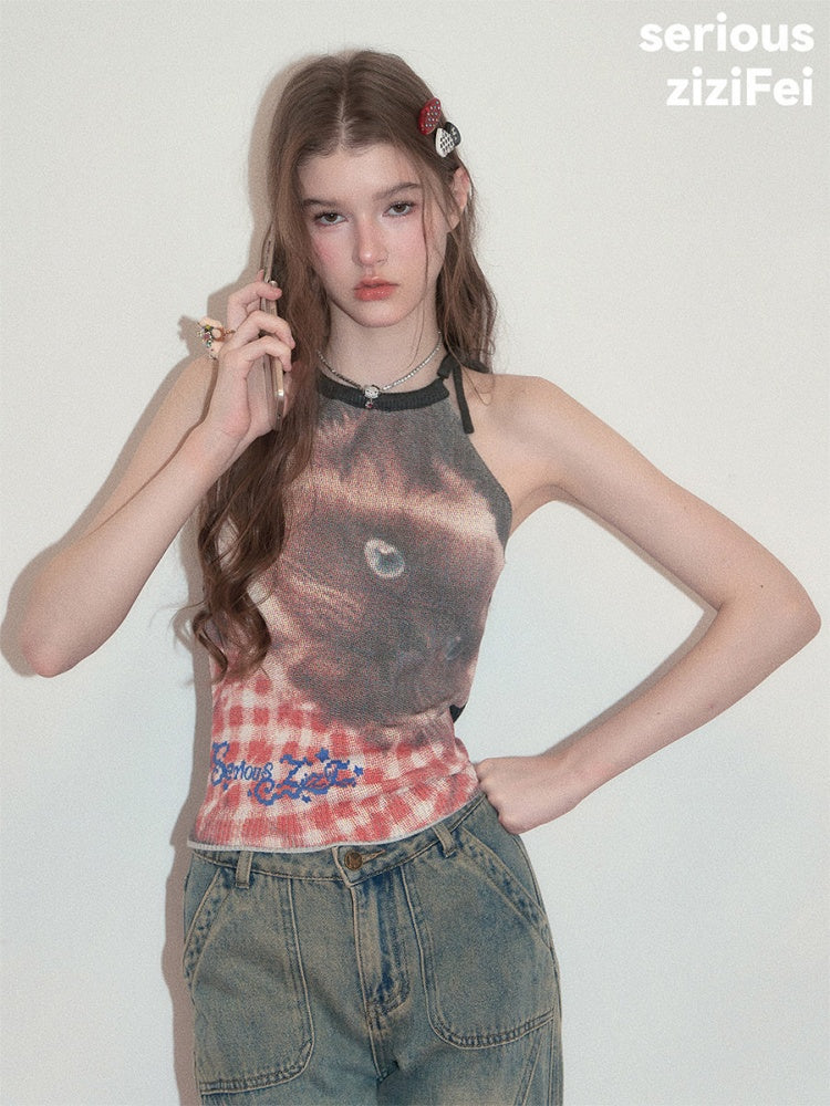 Lazy Style Cat Print Tie-Up Short Slim Halter-Neck Vest【s0000017586】