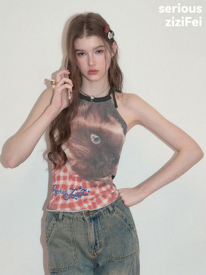 Lazy Style Cat Print Tie-Up Short Slim Halter-Neck Vest【s0000017586】