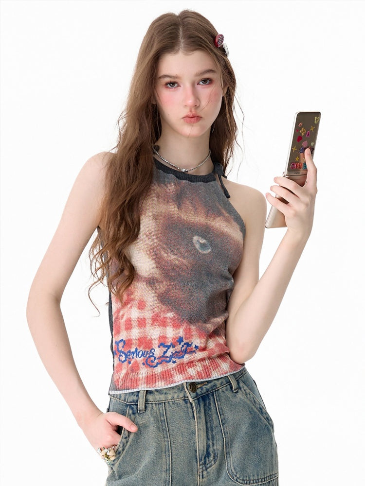 Lazy Style Cat Print Tie-Up Short Slim Halter-Neck Vest【s0000017586】