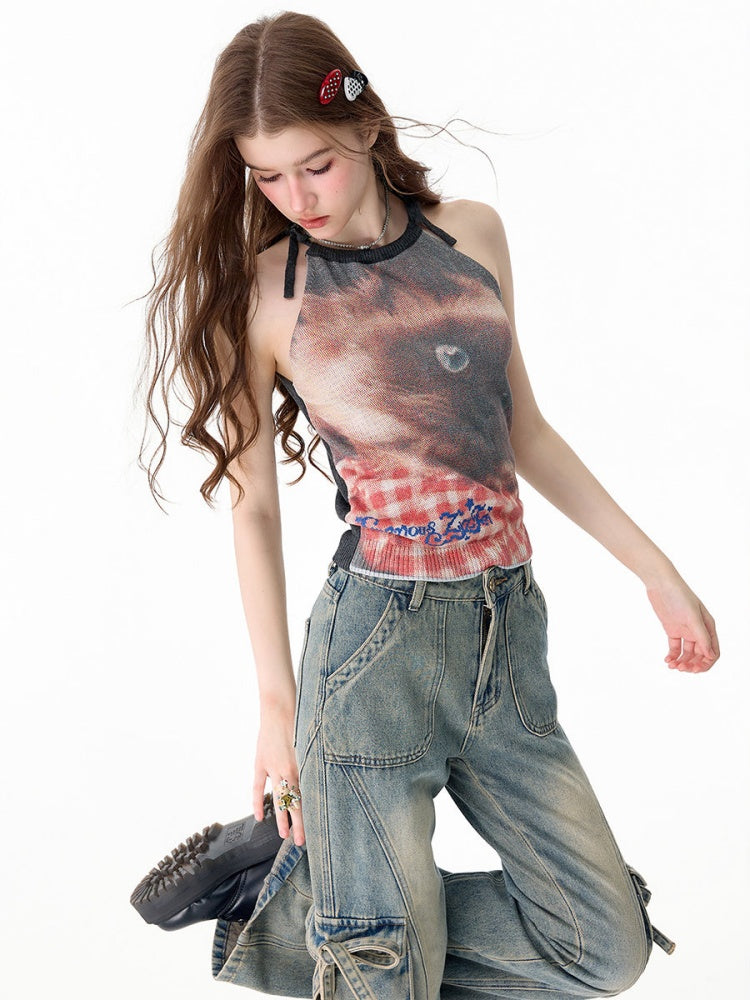 Lazy Style Cat Print Tie-Up Short Slim Halter-Neck Vest【s0000017586】