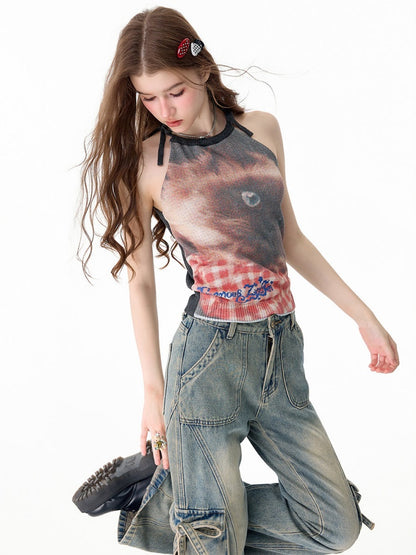 Lazy Style Cat Print Tie-Up Short Slim Halter-Neck Vest【s0000017586】