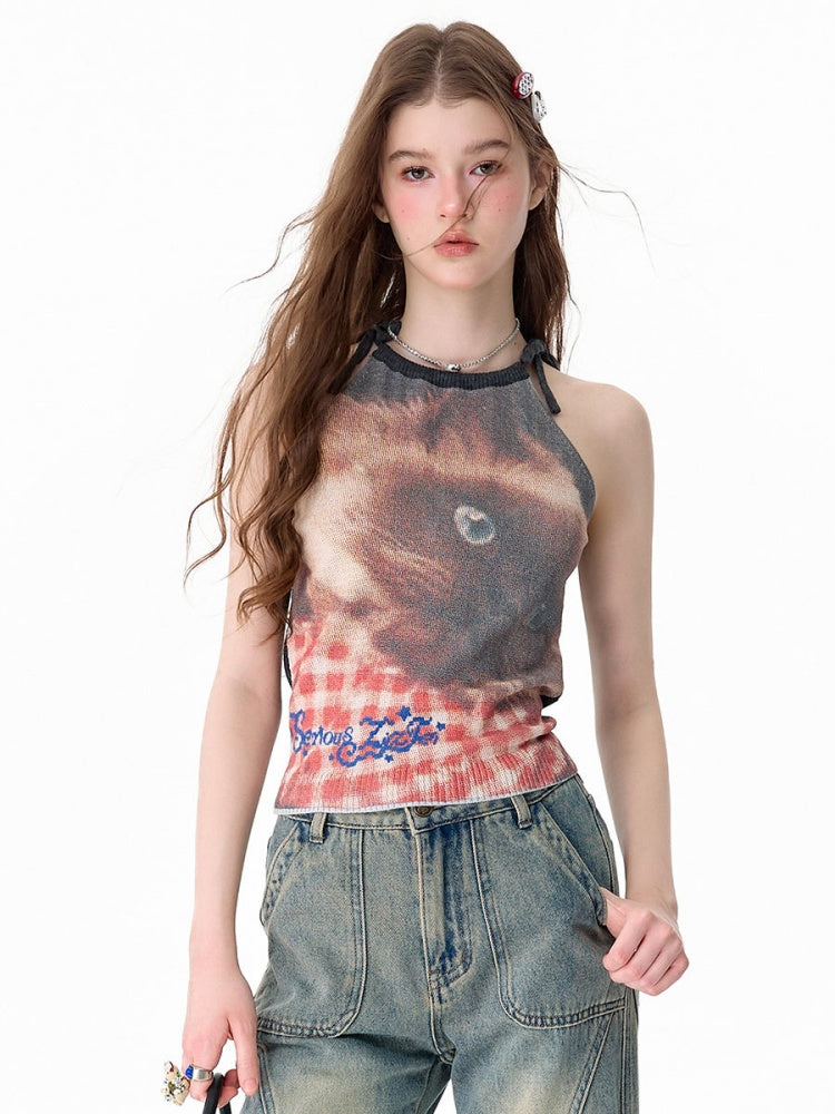 Lazy Style Cat Print Tie-Up Short Slim Halter-Neck Vest【s0000017586】