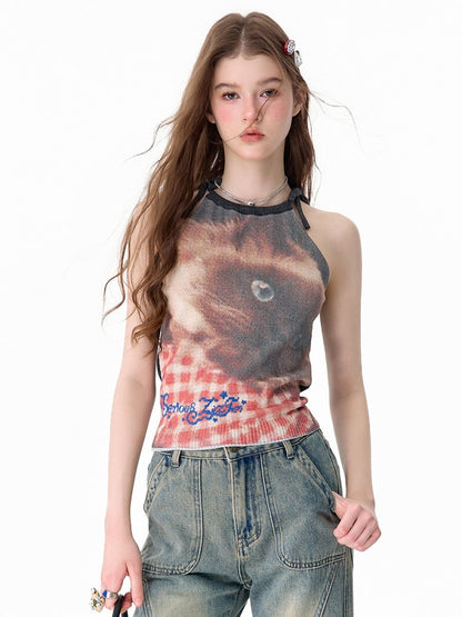 Lazy Style Cat Print Tie-Up Short Slim Halter-Neck Vest【s0000017586】