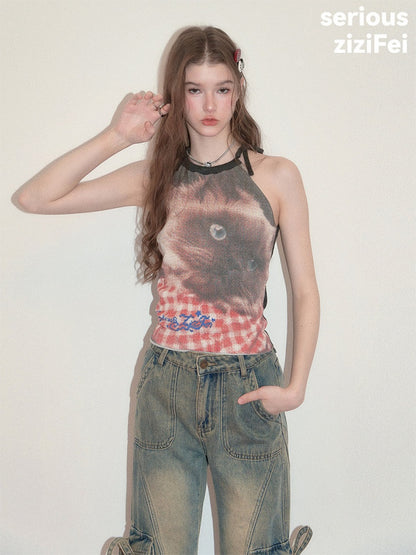 Lazy Style Cat Print Tie-Up Short Slim Halter-Neck Vest【s0000017586】