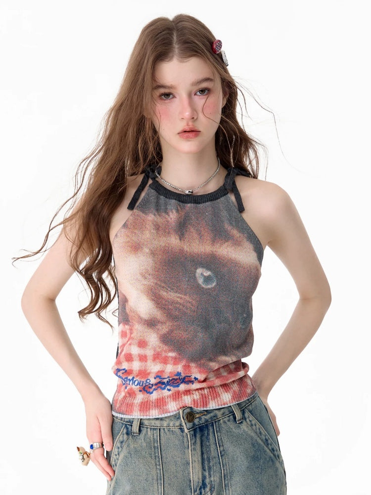 Lazy Style Cat Print Tie-Up Short Slim Halter-Neck Vest【s0000017586】