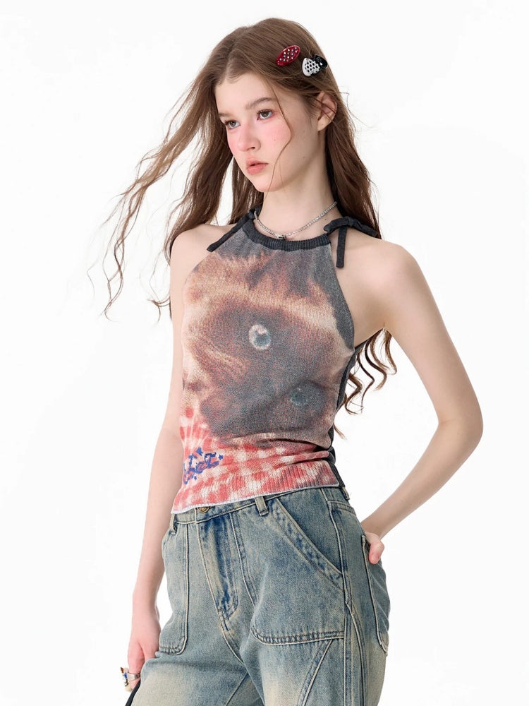 Lazy Style Cat Print Tie-Up Short Slim Halter-Neck Vest【s0000017586】
