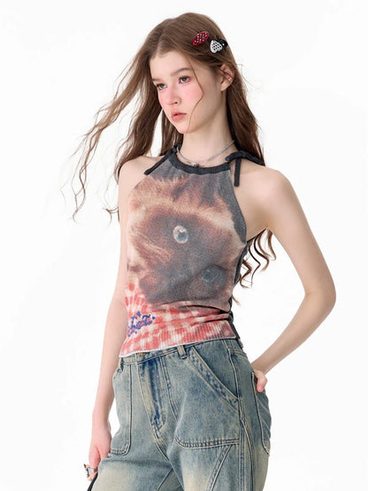 Lazy Style Cat Print Tie-Up Short Slim Halter-Neck Vest【s0000017586】