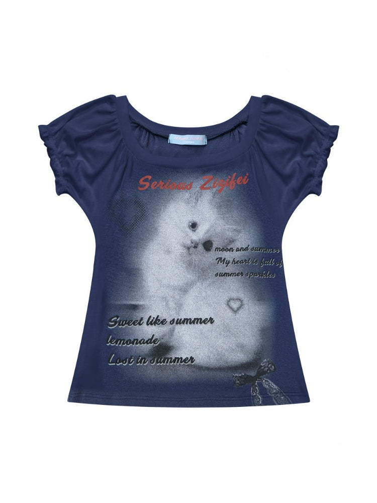 Cat Print Puff Sleeve U-Neck Slimming Deep Blue Short Sleeve T-Shirt【s0000017587】