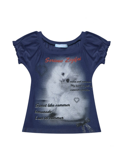 Cat Print Puff Sleeve U-Neck Slimming Deep Blue Short Sleeve T-Shirt【s0000017587】