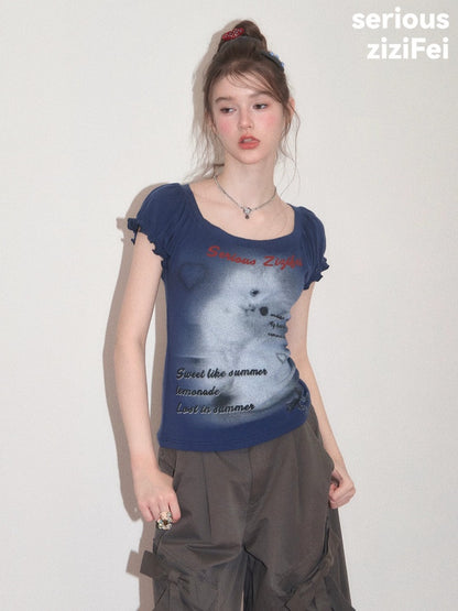 Cat Print Puff Sleeve U-Neck Slimming Deep Blue Short Sleeve T-Shirt【s0000017587】