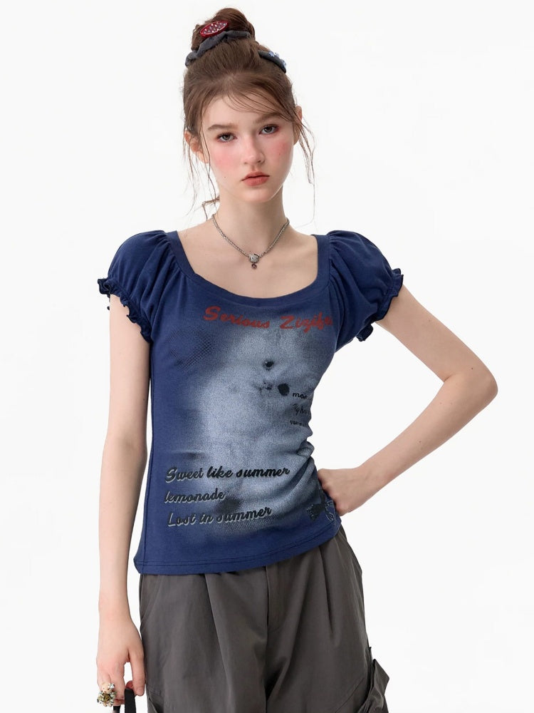 Cat Print Puff Sleeve U-Neck Slimming Deep Blue Short Sleeve T-Shirt【s0000017587】
