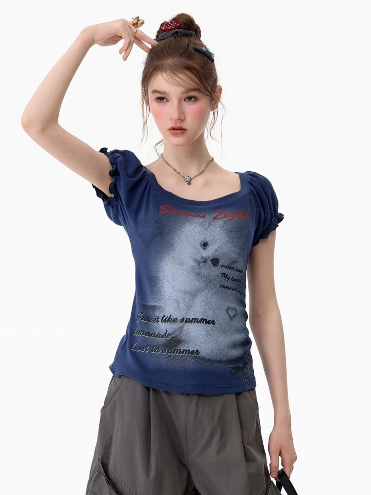 Cat Print Puff Sleeve U-Neck Slimming Deep Blue Short Sleeve T-Shirt【s0000017587】