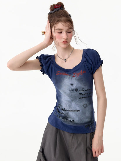 Cat Print Puff Sleeve U-Neck Slimming Deep Blue Short Sleeve T-Shirt【s0000017587】