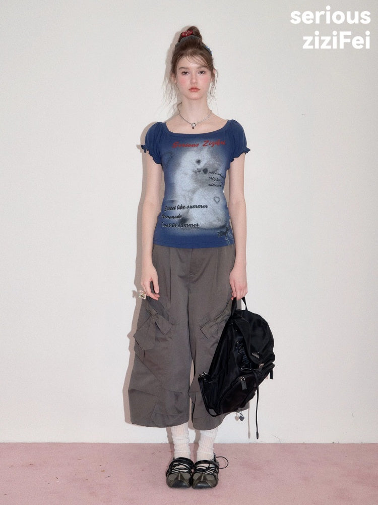 Cat Print Puff Sleeve U-Neck Slimming Deep Blue Short Sleeve T-Shirt【s0000017587】