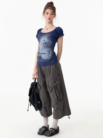 Cat Print Puff Sleeve U-Neck Slimming Deep Blue Short Sleeve T-Shirt【s0000017587】