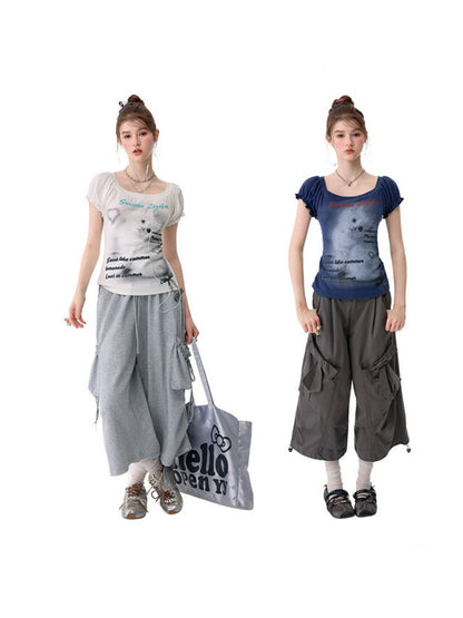 Cat Print Puff Sleeve U-Neck Slimming Deep Blue Short Sleeve T-Shirt【s0000017587】