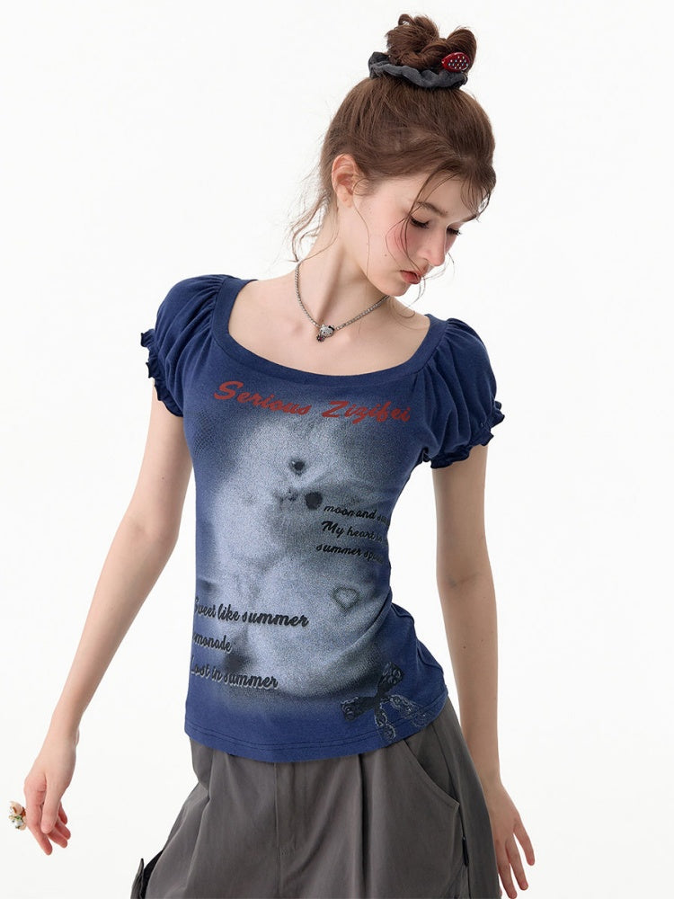Cat Print Puff Sleeve U-Neck Slimming Deep Blue Short Sleeve T-Shirt【s0000017587】