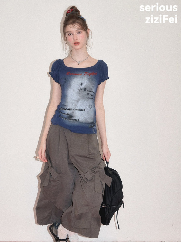 Cat Print Puff Sleeve U-Neck Slimming Deep Blue Short Sleeve T-Shirt【s0000017587】