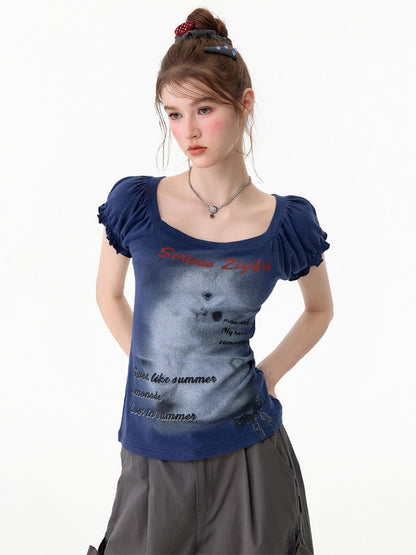 Cat Print Puff Sleeve U-Neck Slimming Deep Blue Short Sleeve T-Shirt【s0000017587】