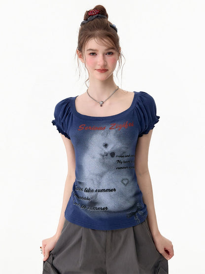 Cat Print Puff Sleeve U-Neck Slimming Deep Blue Short Sleeve T-Shirt【s0000017587】